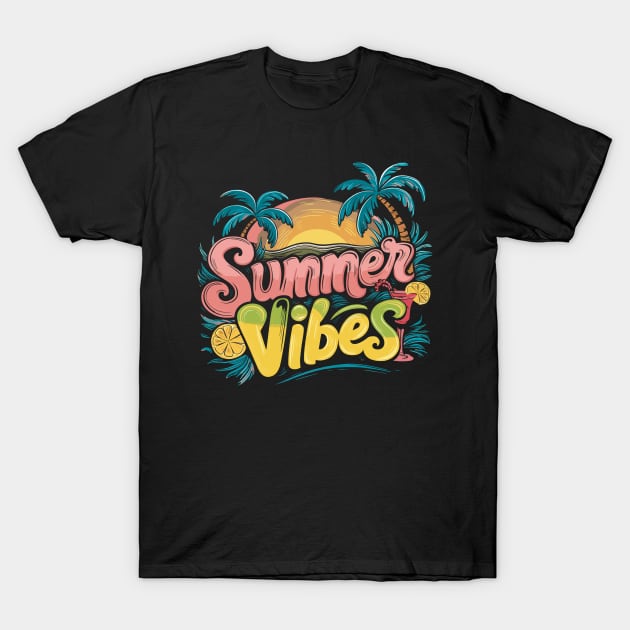 Retro Summer Vibes Colorful Sunset Tropical Design T-Shirt by TF Brands